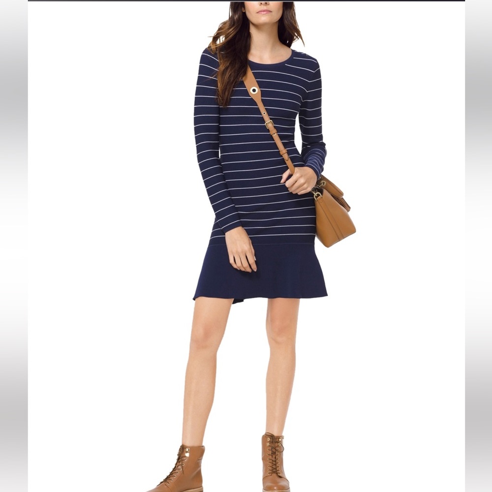 Michael Kors bodycon flounce long sleeve knit dress, striped navy red XS stretch